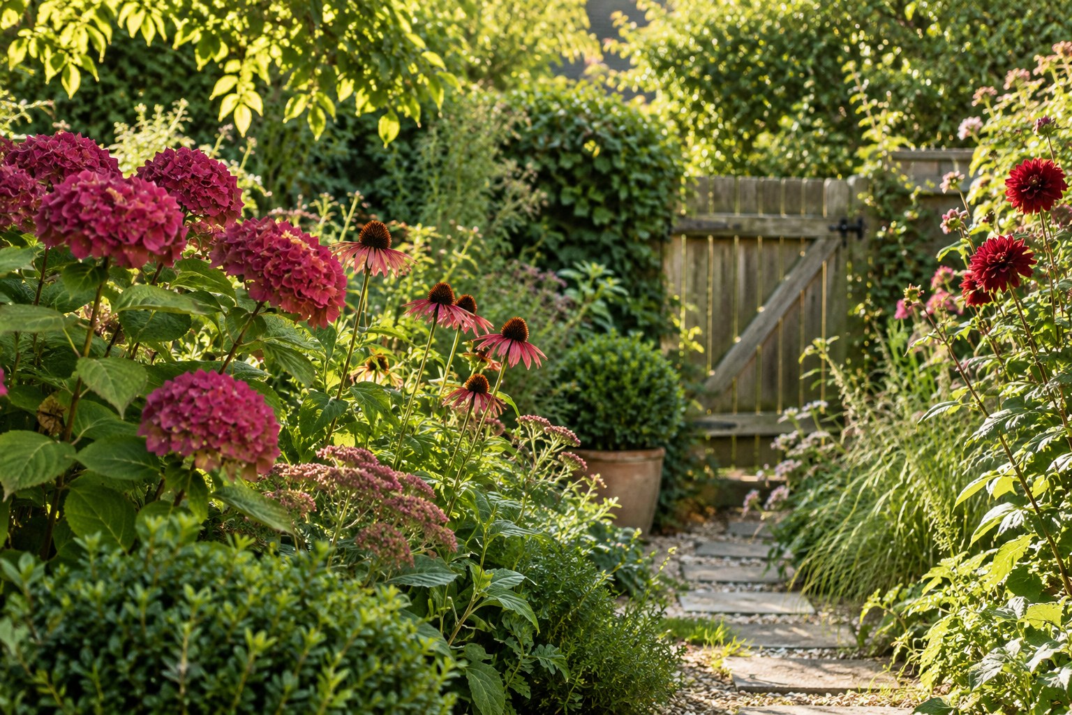 Pink flowers and layered greenery beside a timber garden gate